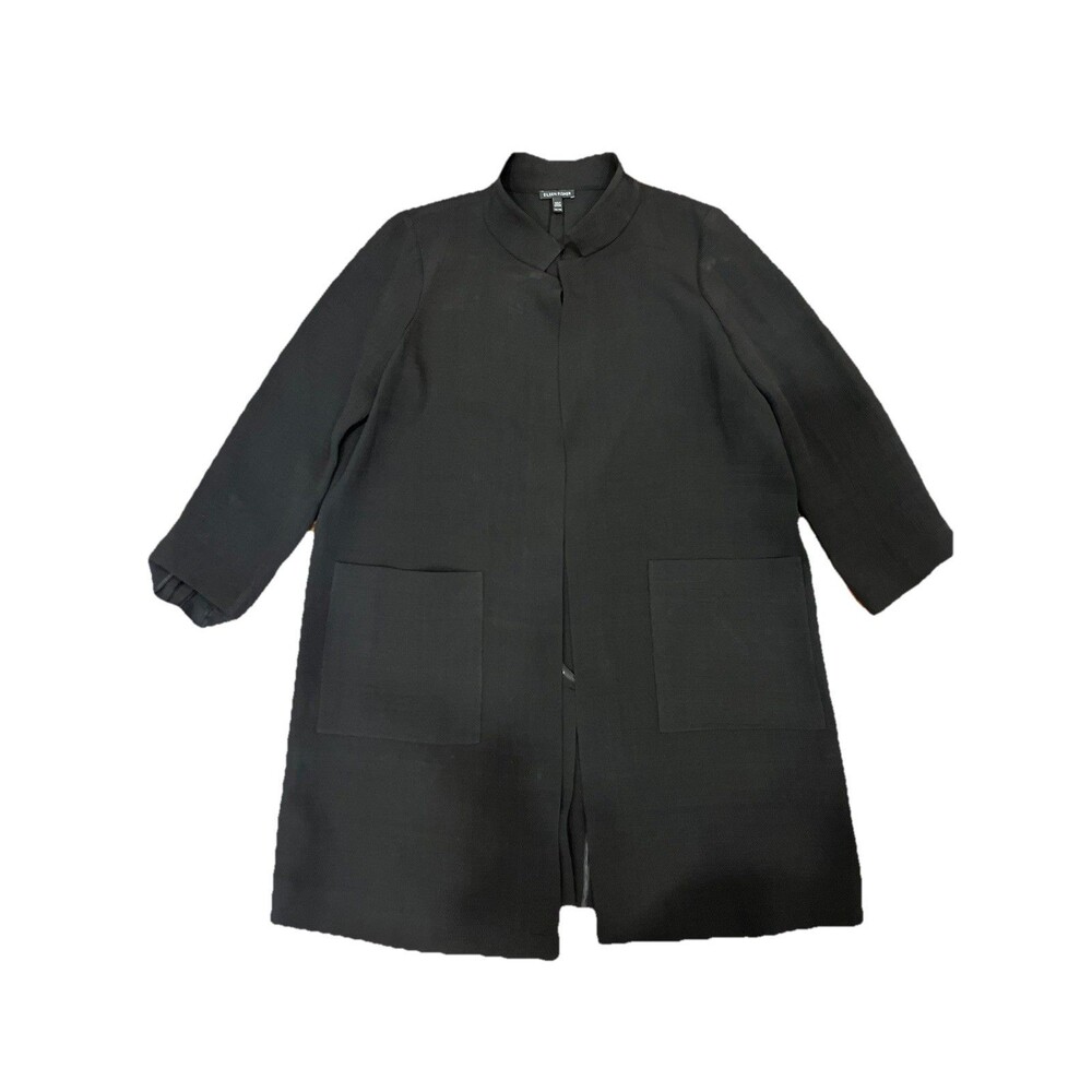 Eileen Fisher Silk Blend Open Front Patch Pocket Jacket Band Collar XL